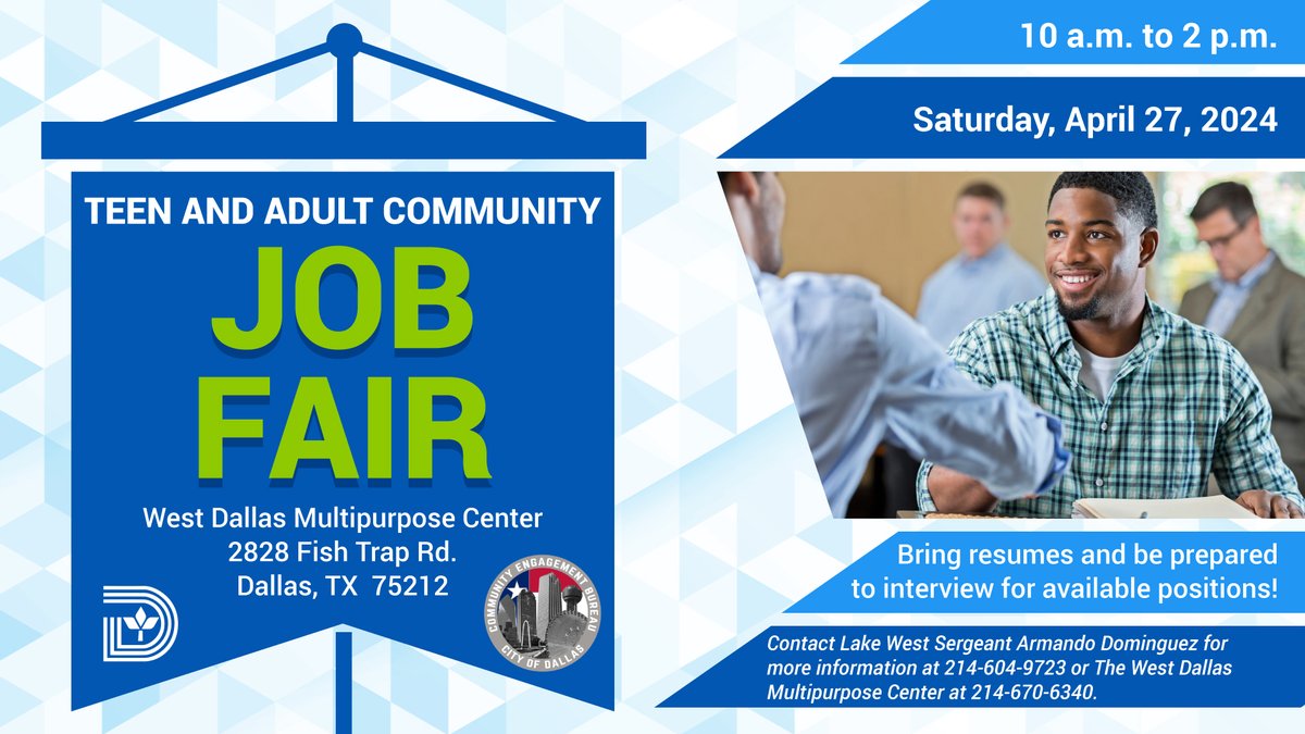 Take the first step! Teens and Adults are invited to the Dallas Police Department Job Fair beginning 10 a.m. on Saturday, April 27th at the West Dallas Multipurpose Center. ✔️ Same-day interviews for those who qualify ✔️ Bring your resume 📍 2828 Fish Trap Rd.,Dallas, TX 75212