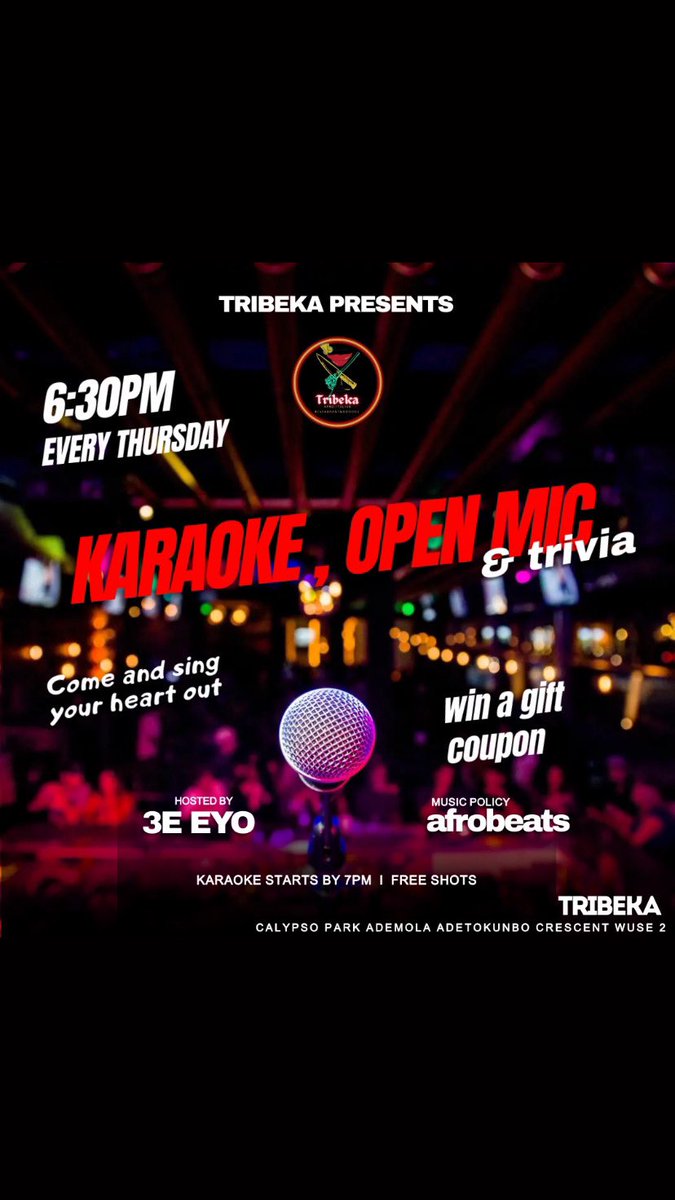 TRIBEKA_BOOOOZ's tweet photo. Karaoke Tonight!!! Come through! Free shots and beautiful peaches!!! 
#karaoke #singalong #abujabusiness #abujaconnect https://t.co/tvgBTOXCSg