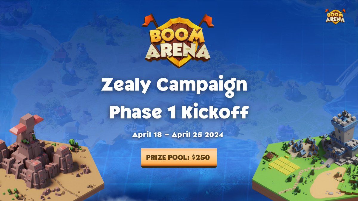 Kickstart of Phase 1 with Zealy Campaign

🔗zealy.io/cw/boomarena

⏰ Apr 18 — Apr 25.2024

🏆 Reward Allocation
‣Top 1: 50 USDC 
‣ Top 2: 40 USDC 
‣ Top 3: 30 USDC 
‣ Top 4 — 10: 10 USDC each 
‣ Top 11 — 20: 5 USDC each

💥 Note
• Rewards will be distributed 1 week after