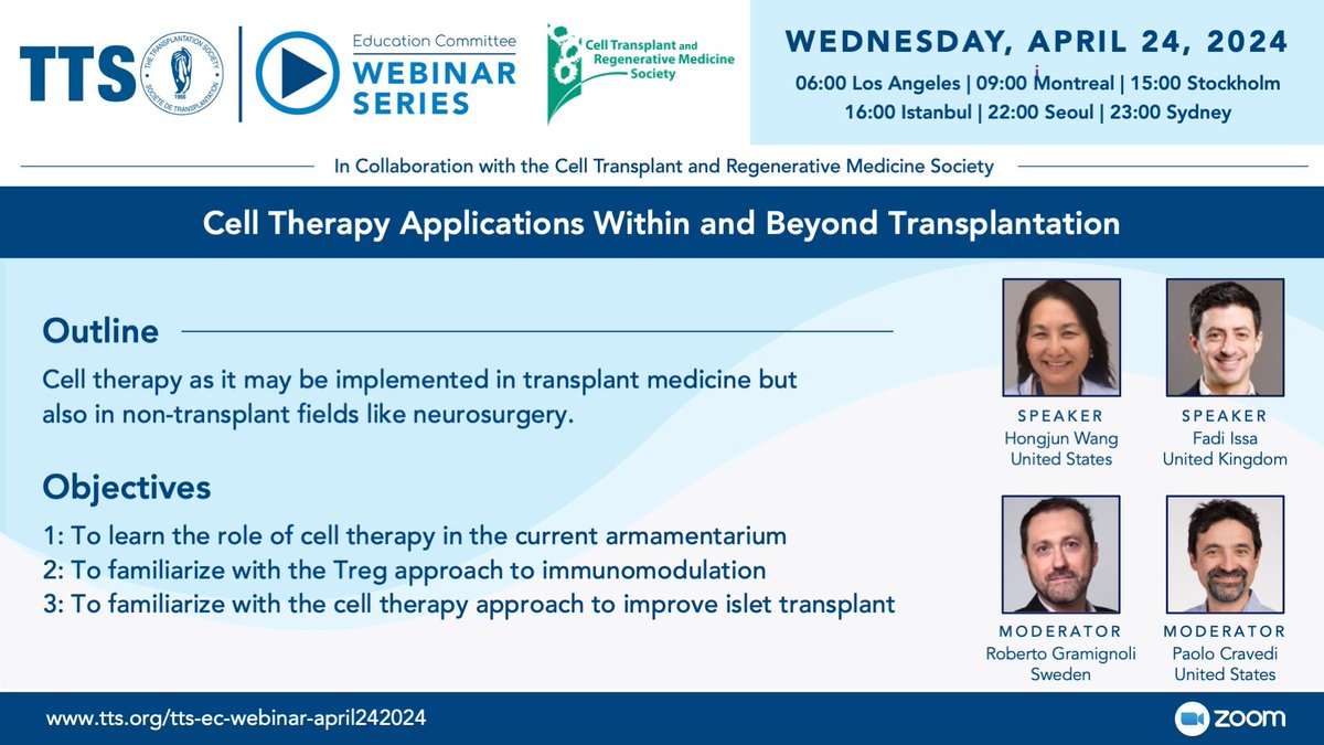 🚨Webinar next Weds 🚨 Topic: 'Cell Therapy Applications Within and Beyond Transplantation' Sign up 👉 tinyurl.com/mrxz4a5v 🗣️Hongjun Wang, Fadi Issa, Roberto Gramignoli, Paolo Cravedi 🗓️Wednesday, April 24 - 9:00 am (ET)