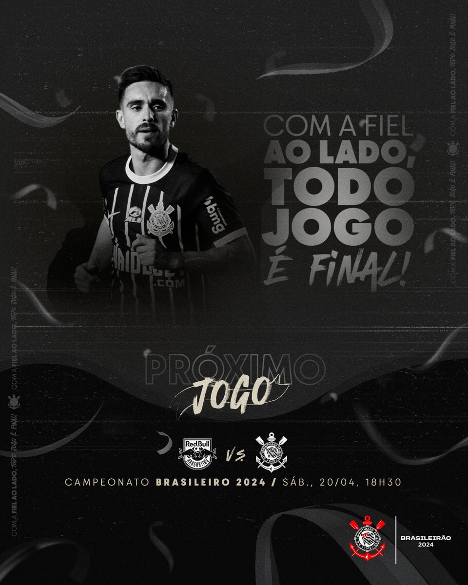 Nosso próximo jogo é contra o Red Bull Bragantino, pelo Brasileirão! 🔜⚽ #VaiCorinthians