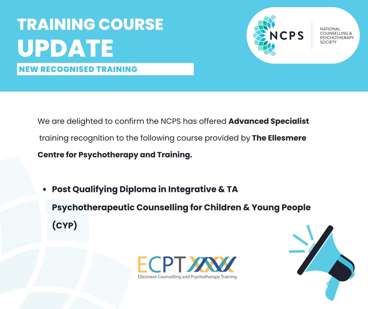 The NCPS has offered Advance Specialist CYP training recognition to the following course from The Ellesmere Centre for Psychotherapy and Training:

☑️ Post Qualifying Diploma in Integrative & TA Psychotherapeutic Counselling for Children & Young People (CYP)