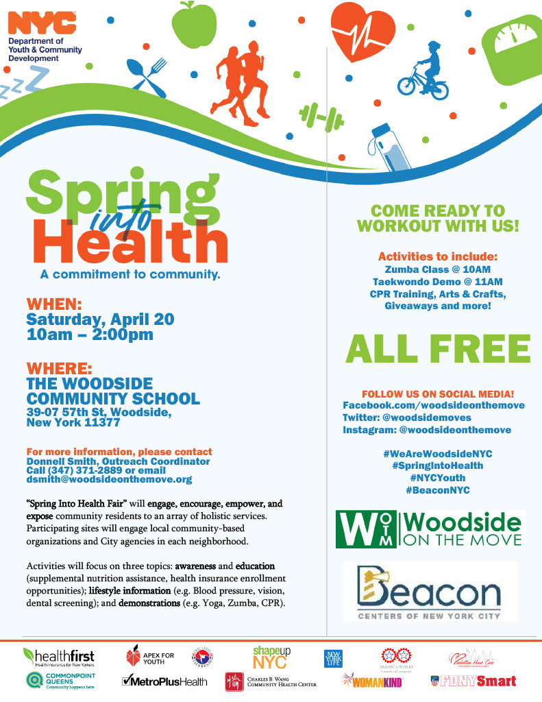 Join us on this Saturday, April 20th from 10am to 2pm 
@WoodsideMoves 
#WeAreWoodsideNYC #SpringIntoHealth #NYCYouth #BeaconNYC #AccessHealthNYC #NYCCare #EnrollNY #EIICNY #Community