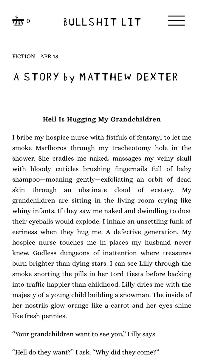 I have a story in Bullshit Lit. It's sort of based upon the last time I saw my grandmother before she died. Thanks to @vabnt and @bullshitlit for featuring it. bullshitlit.com/blog/mdexter