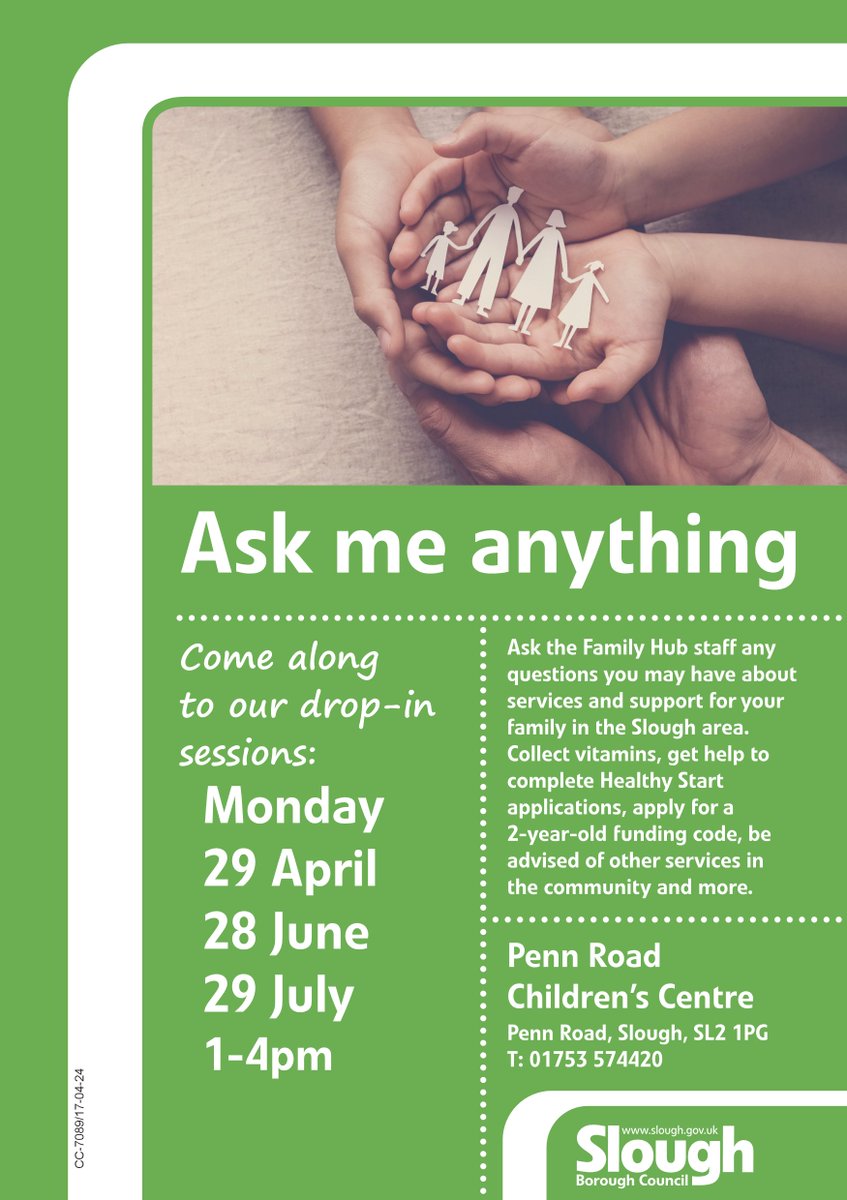 Ask me anything drop-in sessions at Chalvey Grove, Penn Rd & Romsey Close. Ask the Family Hub staff any questions you may have about services & support for your family in the Slough area⬇️