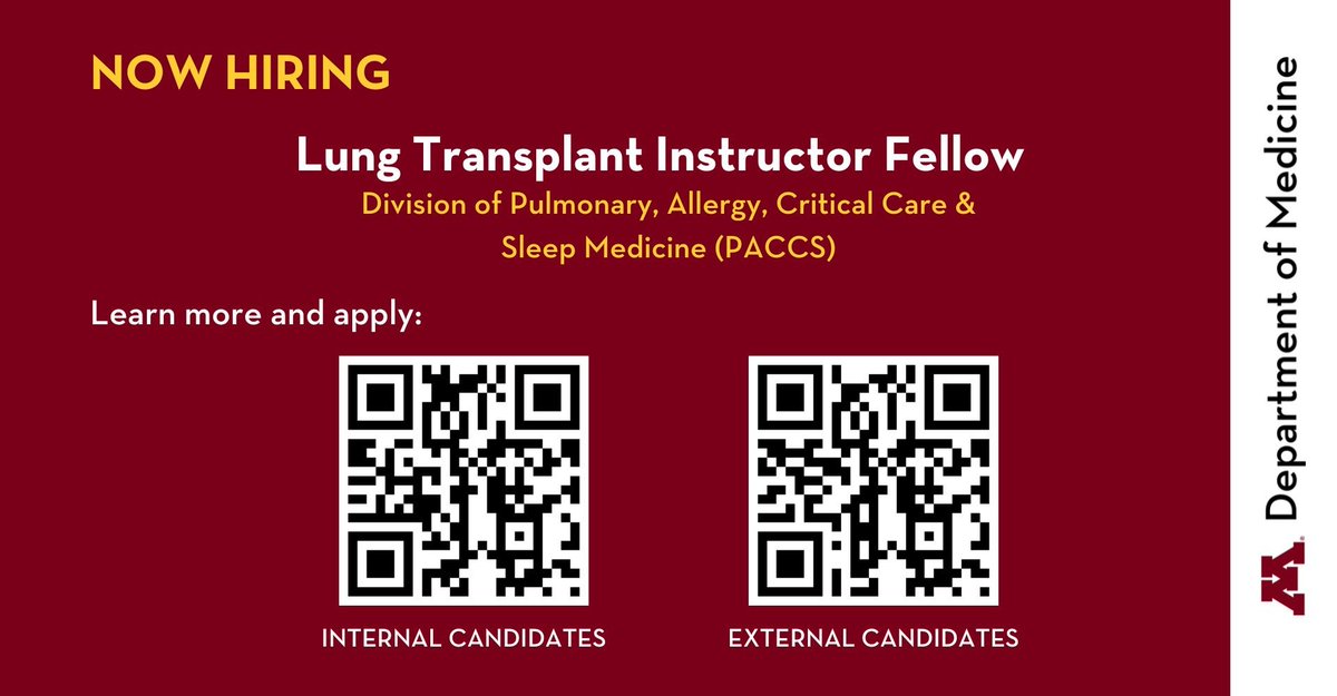 📣 The Division of Pulmonary, Allergy, Critical Care & Sleep Medicine is excited to offer a 1-year Lung Transplant Fellowship! If you're ready for the next step in your career, apply today! Learn More: Internal: z.umn.edu/LungFellowInt External: z.umn.edu/LungFellowExt