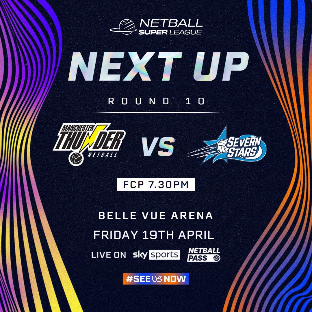 NEXT UP We’re back on the road to tomorrow as we head up north to face @thundernetball 🌟🌩️ 📺This game will be streamed LIVE on Sky Sports YouTube and Netball Pass! Make sure to tune in and support the Stars!🤩 #UpTheStars #NSL2024