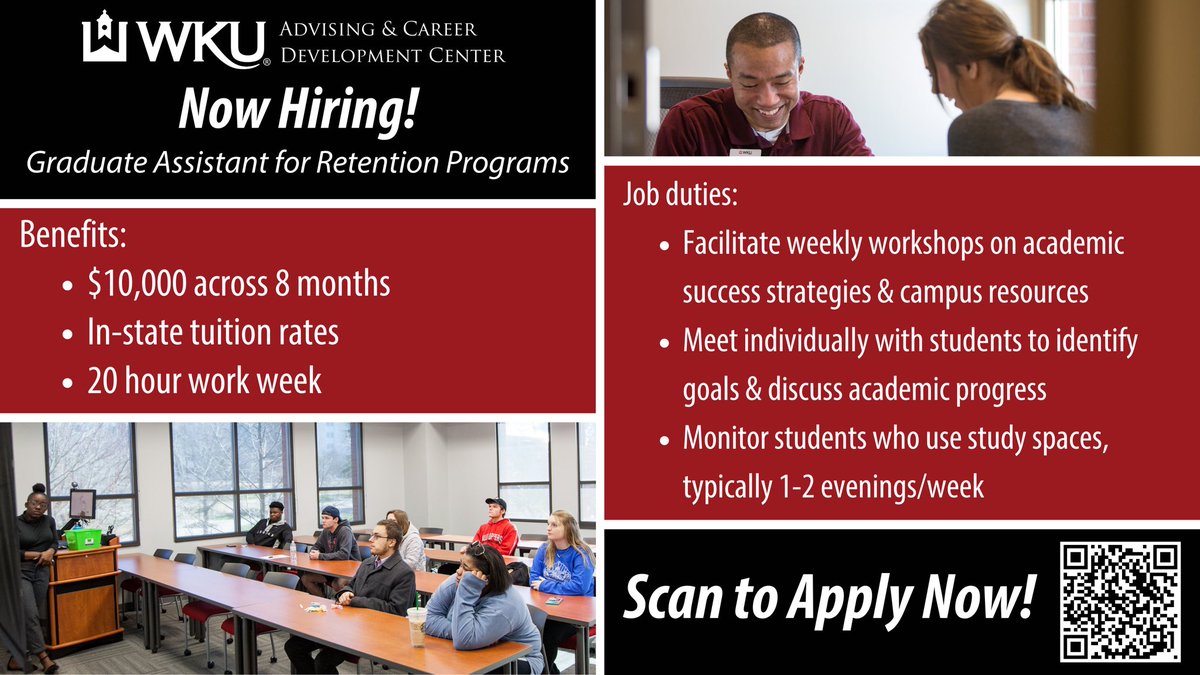 wkuacdc's tweet photo. Are you looking for a graduate assistant position? Well, we’ve got ‘em! 🤝

Apply now to be a graduate assistant for retention programs in ACDC 💼 More info at https://t.co/T7MAvMedUW.

#wku #college #graduateassistant #job https://t.co/1kpzLz3Y2y