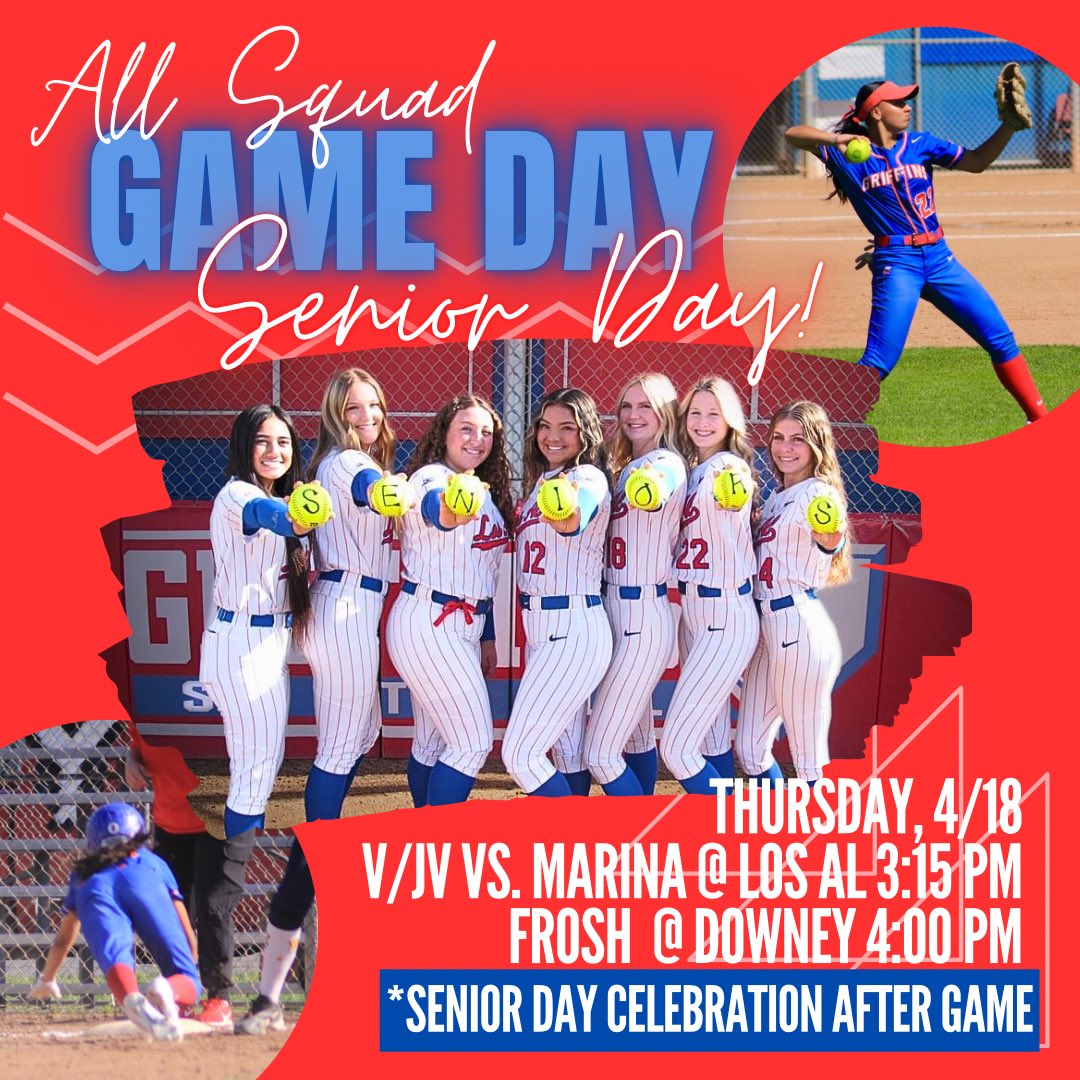 ‼️ALL SQUAD GAME DAY‼️ 💙❤️‼️SENIOR DAY‼️ 💙❤️ Thursday, April 18th 🥎 V/JV vs Marina @ Los Al 3:15 pm 🥎 FS @ Downey 4:00 pm  Come help us celebrate our seniors! Senior celebration will be held immediately after the varsity game today. 💙❤️WE LOVE OUR SENIORS💙❤️