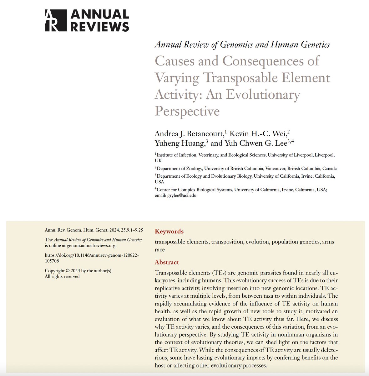 Why do transposons jump at highly variable rates, and what does that mean to host evolution? In this  @AnnualReviews, @texasrulz1, @kweiosis, Yuheng, and I integrated classic pop gen theories and new empirical data to explore this long-standing question. annualreviews.org/content/journa…