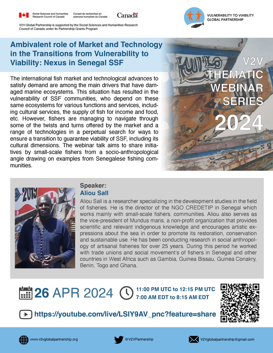 📍SAVE THE DATE! #ThematicWebinar #SSF 📢Ambivalent role of Market and Technology in the Transitions from Vulnerability to Viability: Nexus in Senegal SSF 🎙️Speaker: Aliou Sall 🗓️Apr 26, 2024 (Friday) ⏰11:00 PM to 12:15 PM UTC ▶️youtube.com/live/LSIY9AV_p…