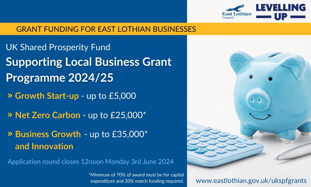 ⚠️GRANT FUNDING⚠️

East Lothian Council UK Shared Prosperity Fund (UKSPF) Supporting Local Business 2024/25 Grant Programme ➡️ eastlothian.gov.uk/ukspfgrants