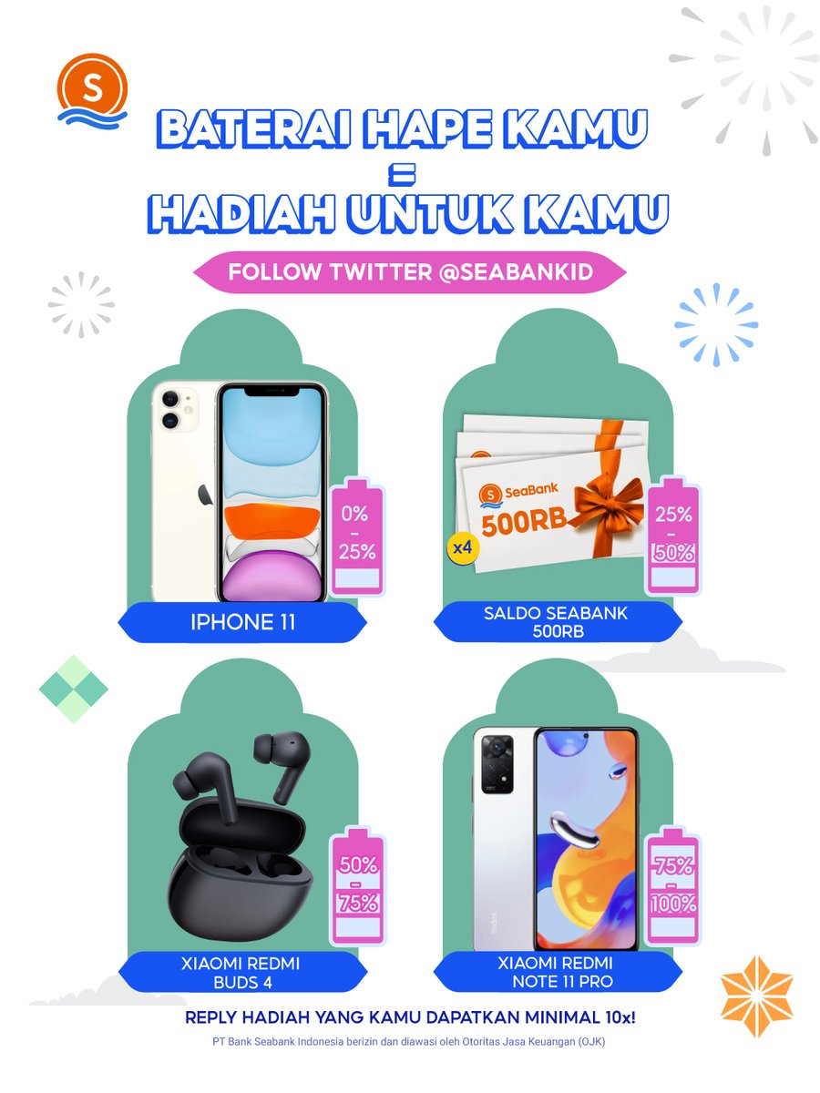 SeaBankID's tweet photo. 🔋Baterai Hape Kamu = Hadiah Untuk Kamu!🔋

 FOLLOW Twitter SeaBank untuk mendapatkan kesempatan menangin HADIAH tersebut!

REPLY Hadiah yang kamu dapat sebanyak 10x, siapa tau beruntung😗 https://t.co/kX94x7wXmu