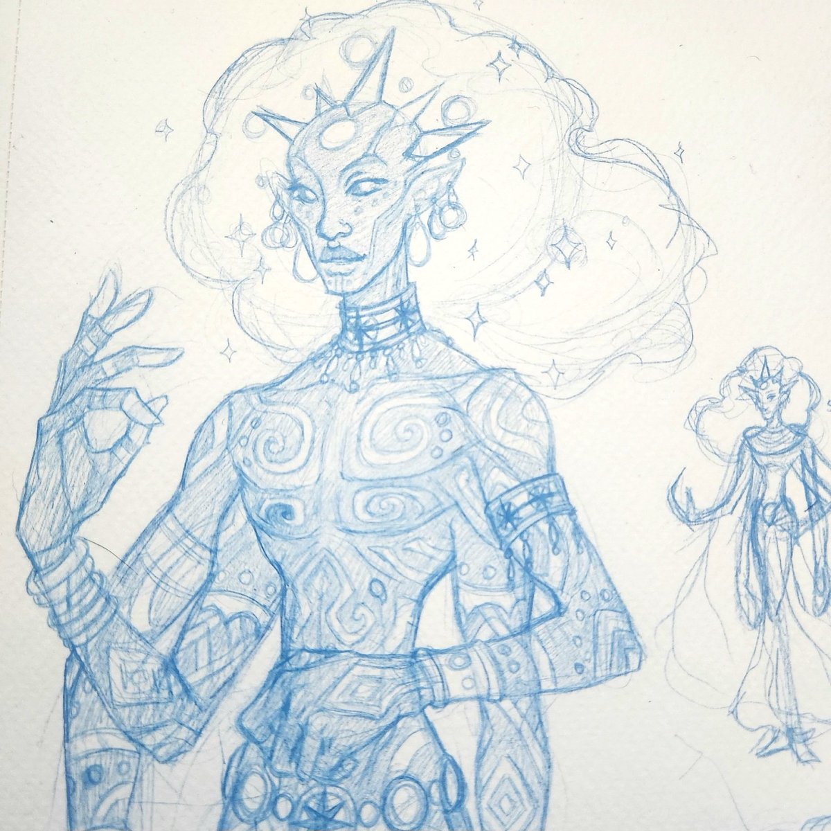 Had a lot of fun sketching these nerds last night. More prep for my comic by doing some noodles. Check out an ancient star babe, So'ri. They bond over alchemy. Like I said, nerds. 

#OCArt #originalcharacter #comiccharacter #originalcomic #queerart #queerartist #characterdesign