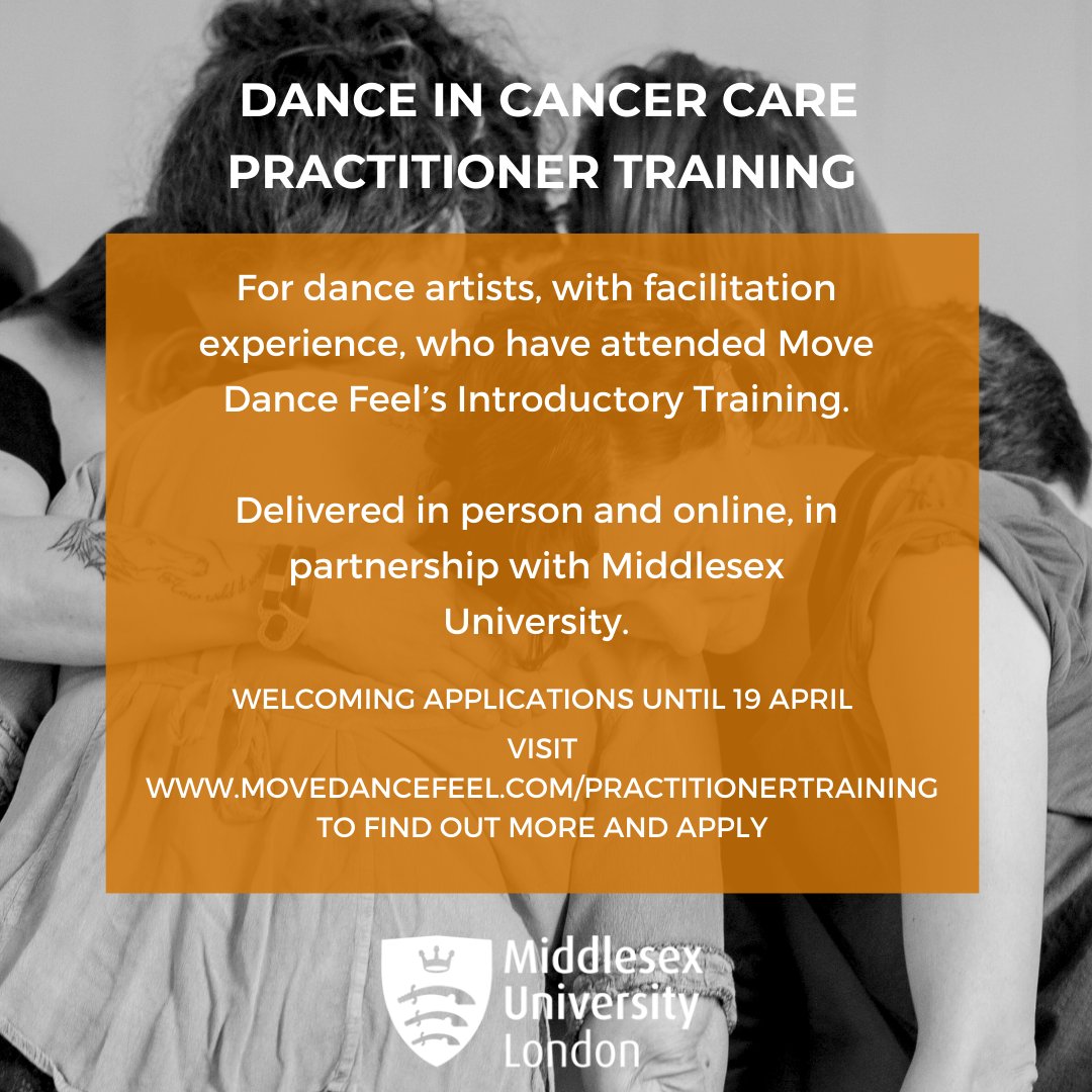 Last chance to apply to our Dance in Cancer Care - Practitioner Training programme with @MiddlesexUni 

BE NURTURED AND LEARN HOW TO NURTURE.

CONNECT AND LEARN HOW TO BRING PEOPLE INTO CONNECTION.

DANCE AND LEARN HOW TO ENRICH PEOPLE'S LIVES WITH DANCE.

movedancefeel.com/practitionertr…