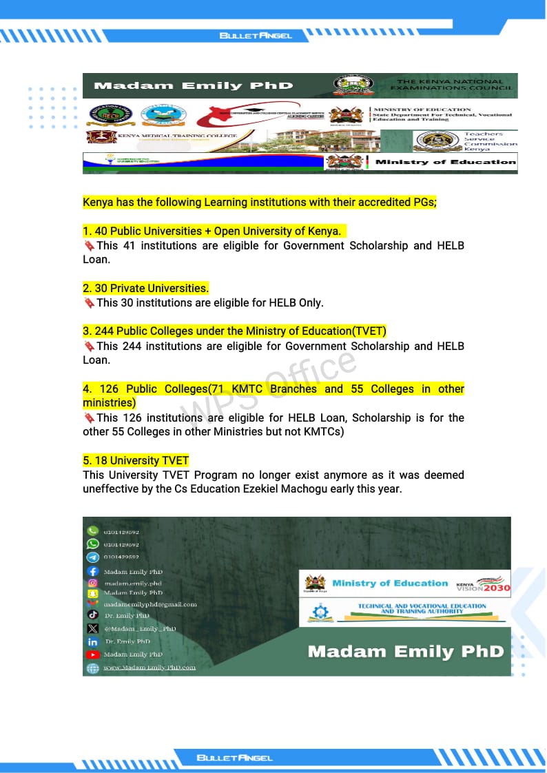 Madam_Emily_PhD's tweet image. Kenya has the following Learning institutions with their accredited PGs;

1. 40 Public Universities + Open University of Kenya. 
🔖This 41 institutions are eligible for Government Scholarship and HELB Loan.

#kuccps #kuccpsplacement #kmtc #kenyauniversities #kenyacomrades #knec