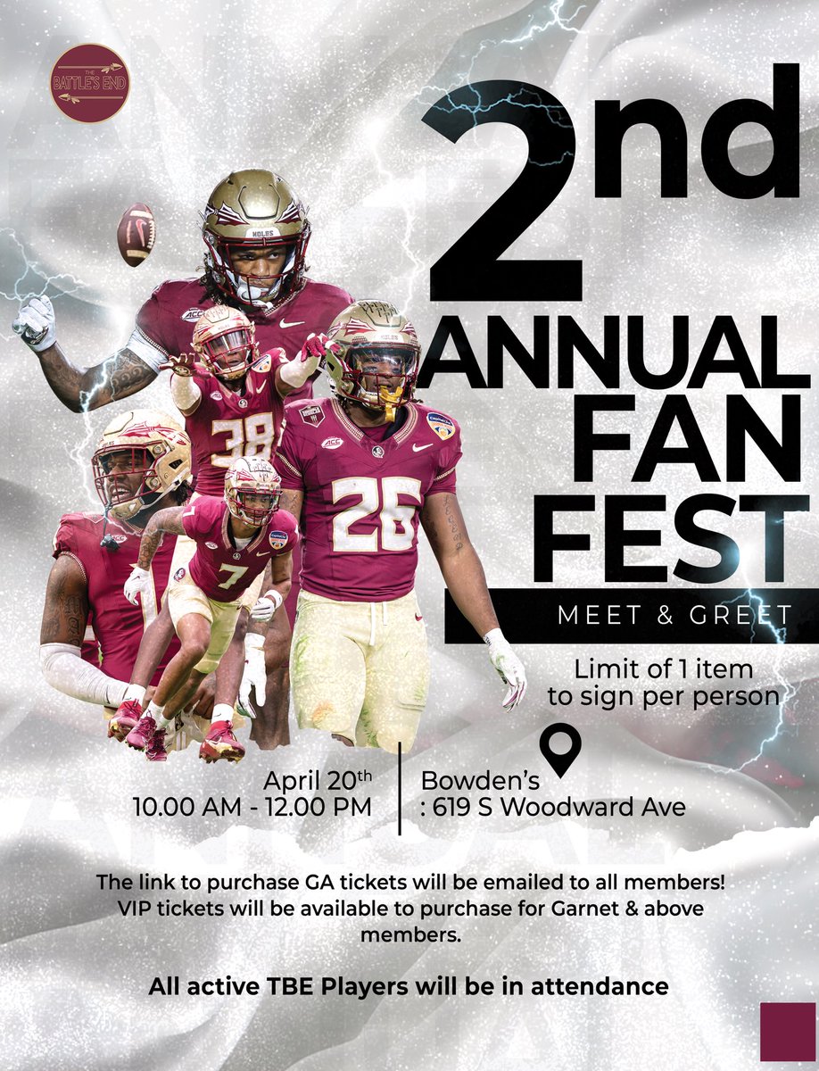 MEET THE 2024 FSU FOOTBALL TEAM! Get your tickets now for Fan Fest at Bowden's in College Town Saturday from 10:00 am - 12:00 pm! Active TBE Players will be in attendance signing autographs! tickettailor.com/events/thebatt… We encourage you to bring your own items to be signed but