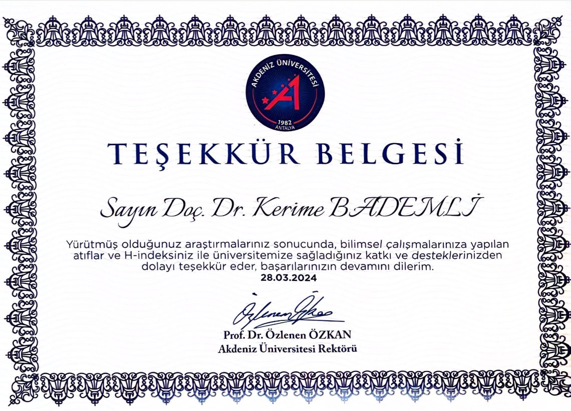 bdmlk007's tweet photo. Bilim insanlarının performanslarını bilimsel üretkenlikleri için bir ölçüt olan H indeks puanına göre üniversitemin vermiş olduğu teşekkür belgesi benim için büyük gurur. Cumhuriyet kadını ve bilim insanı olarak  bilimin ışığında çalışmaya üretmeye devam @Akdenizun @ozlenenozkn https://t.co/w3cb4Aky8y