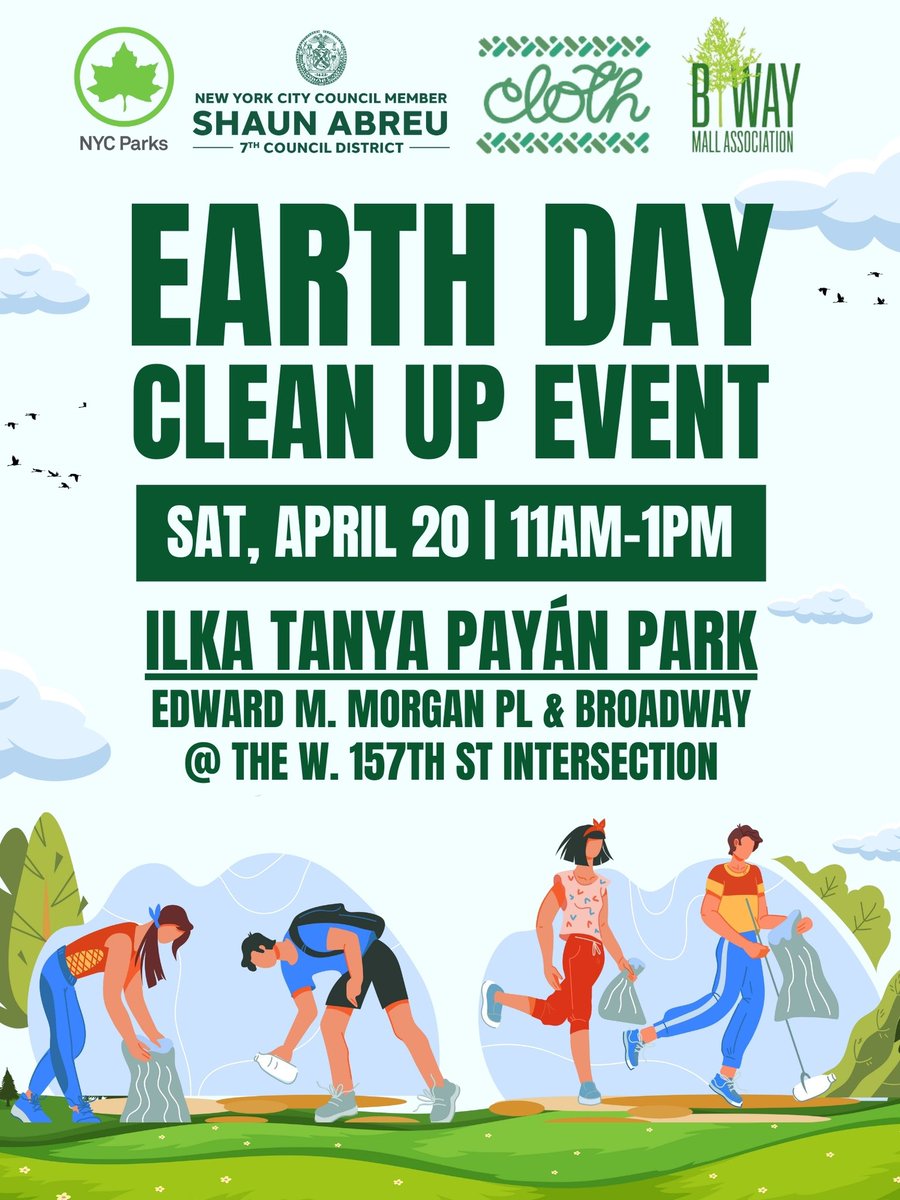 Earth Day is Monday, but we are celebrating this weekend! Come join @CLOTH159, @BroadwayMall, and my team for a clean-up event at Ilka Tanya Payán Park in Washington Heights this Saturday, April 20, from 11am-1pm. We’ll be beautifying the park and the surrounding malls.