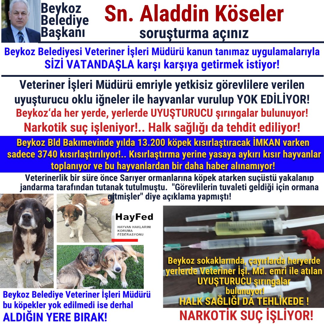 Sn. @KoselerAlaattin @beykozbelediye Veteriner İşleri Müdürü kanun tanımaz uygulamalarıyla SİZİ VATANDAŞLA karşı karşıya getirmek istiyor! ✔️Veteriner İşleri Müdürü emriyle, 5996 sayılı Kanunla SADECE VETERİNER HEKİMLERCE uygulanması hükme bağlanmış olan ve ayrıca