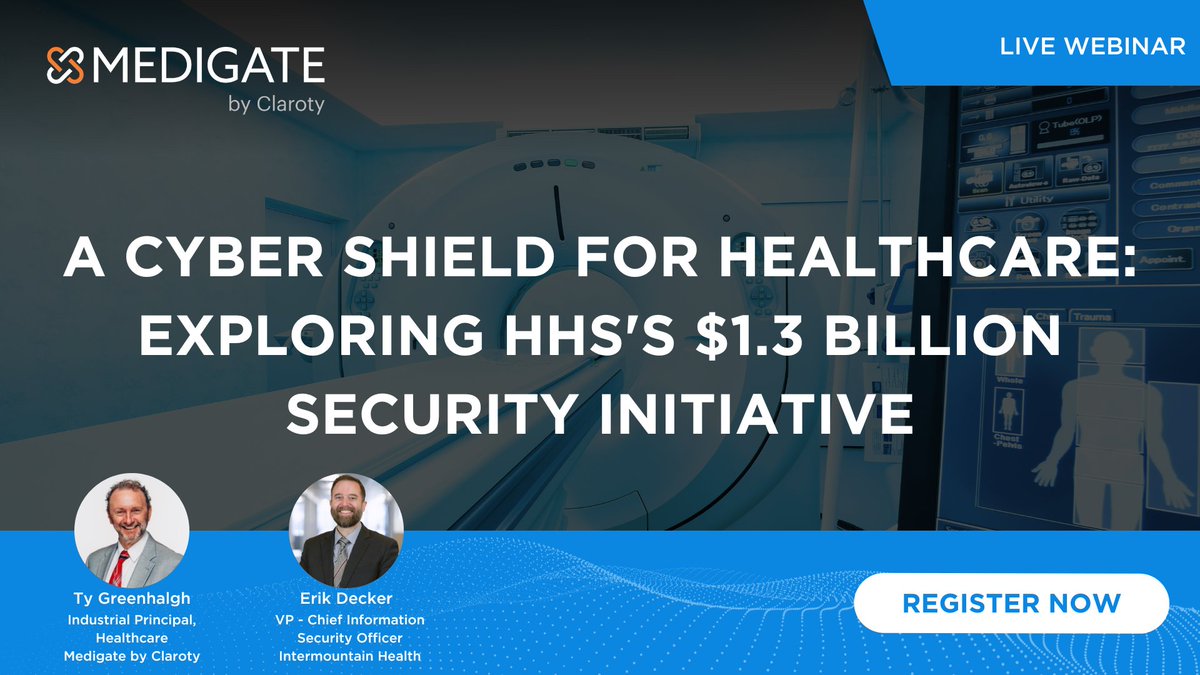 ClarotyHealth's tweet photo. 🚨 April 25: Join this informative webinar with @GreenhalghTy and Eric Decker of @Intermountain. This will be a great opportunity to gain invaluable knowledge from seasoned experts on the current state of #healthcare cybersecurity. Register now! https://t.co/9IO3unYstw #405d https://t.co/hqttEKYTf1
