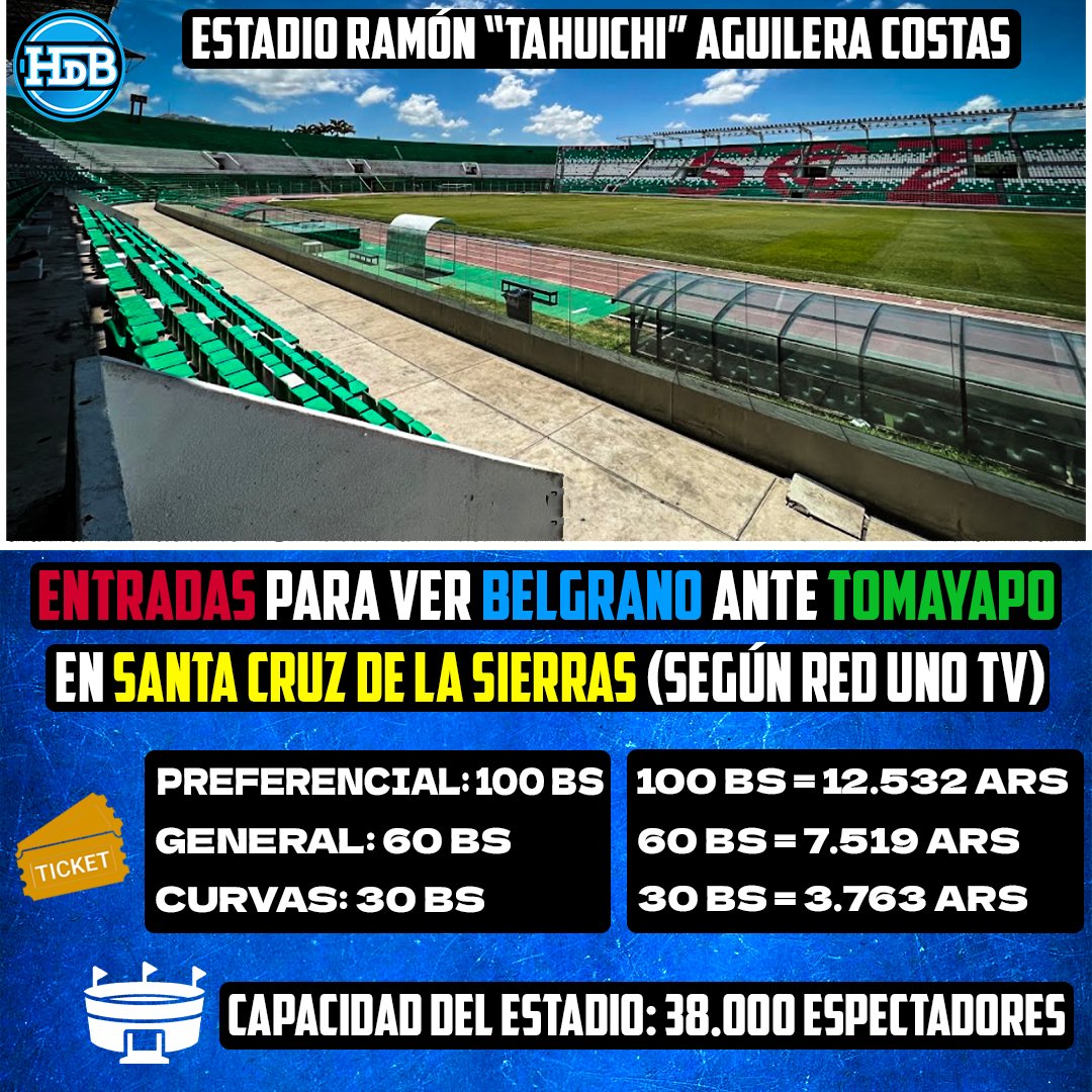 #Belgrano | SALIERON LAS ENTRADAS ANTE TOMAYAPO 🤩 Según @RedUnoTv, confirmaron cuánto salen las entradas para ver #RealTomayapo vs Belgrano, el día 24 de abril. 💰 Los precios son los siguientes: 📍Preferencial: 100 pesos bolivianos (12.539 pesos argentinos). 📍 General:…