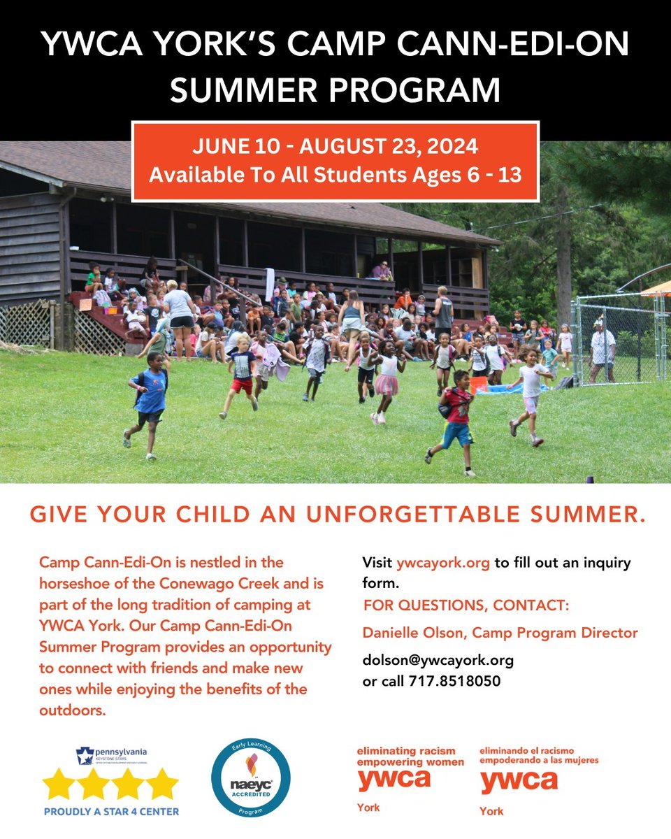 YWCAYork's tweet image. Let's turn this summer into a storybook of adventures for your child at the YWCA York Camp Cann-Edi-On Summer Program! 🌞⛺ Empowerment and fun-packed days await! Spaces are filling fast, secure theirs now:  bit.ly/49EBpI5 #ywcayork #camprogram