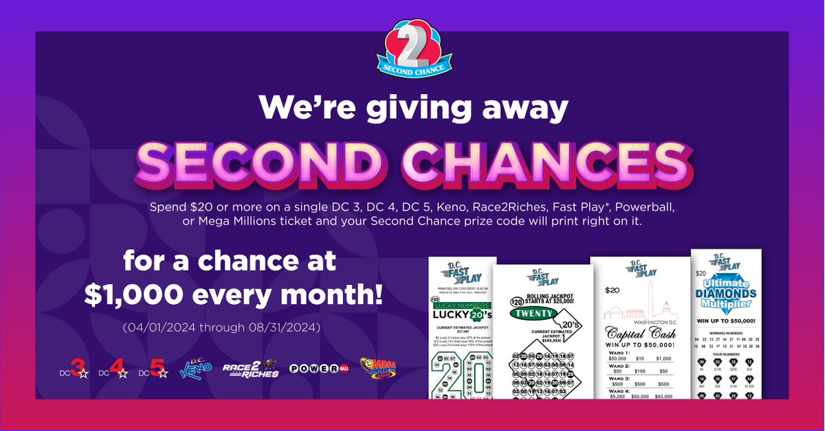 We're giving away Second Chances to win big! 😍 Play specific DC Lottery games and be entered for another opportunity to cash out! Full rules and information here: bit.ly/3To47YR