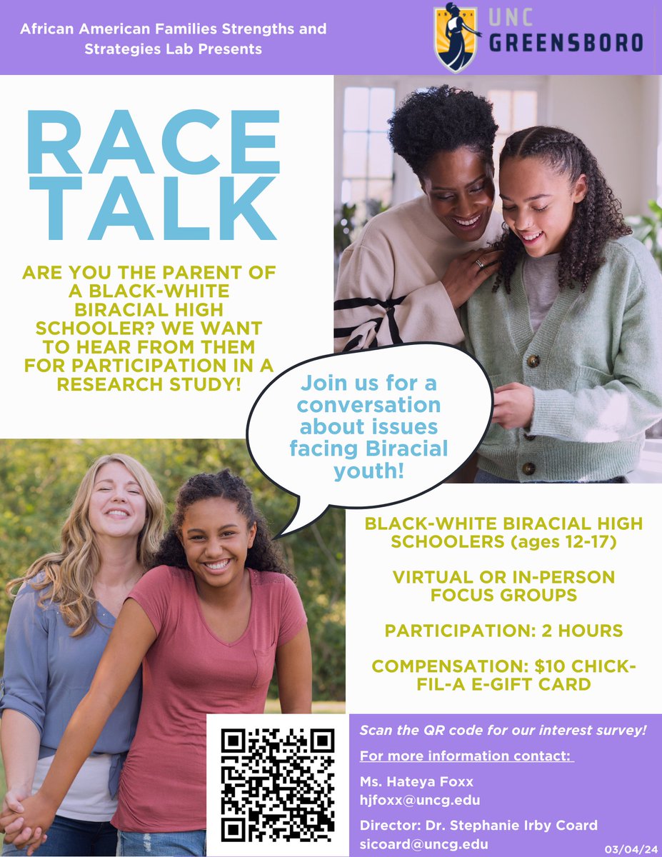Dr. Stephanie Coard and graduate student Hateya Foxx are recruiting parents of Black-White biracial high school students for a research study. See the attached photo for more information and share!
<a href="/SRCDBlkCaucus/">SRCDBlackCaucus</a>