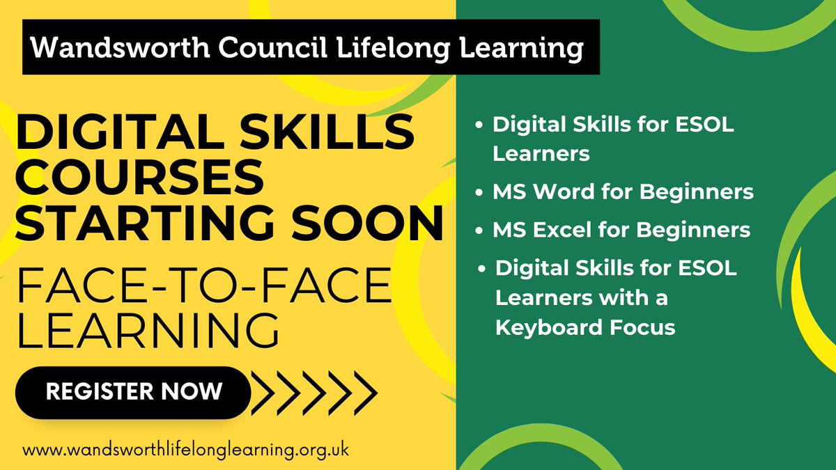 Courses start soon at our East Hill centre, with one evening option available. #FreeCourses (subject to criteria) Register with this link for any of these courses: forms.office.com/e/T914iDTrHW #WandsworthLifelongLearning #FreeCourses #DigitalSkills #MSWord #MSExcel #ESOL