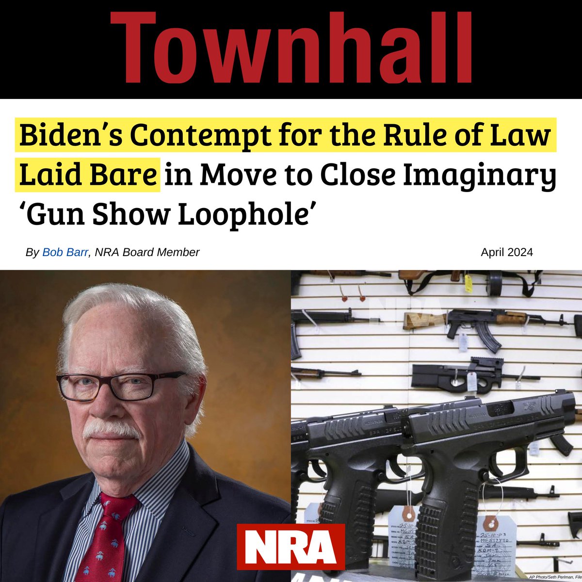 Joe Biden's disdain for the rule of law was evident in his Administration's latest effort to enact gun control by rewriting ATF regulations. Read more in @NRA First Vice President Bob Barr's recent piece for @townhallcom ⬇️ townhall.com/columnists/bob…