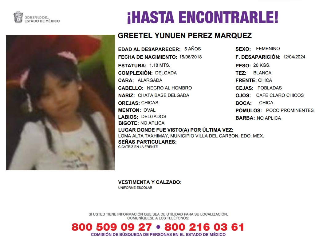 Solicitamos de tu apoyo en difusión para dar pronta localización a Gretel Yunuen Pérez Márquez, comunícate a los teléfonos de COBUPEM 800 216 0361, 800 509 0927. #TodosEnLaBúsqueda