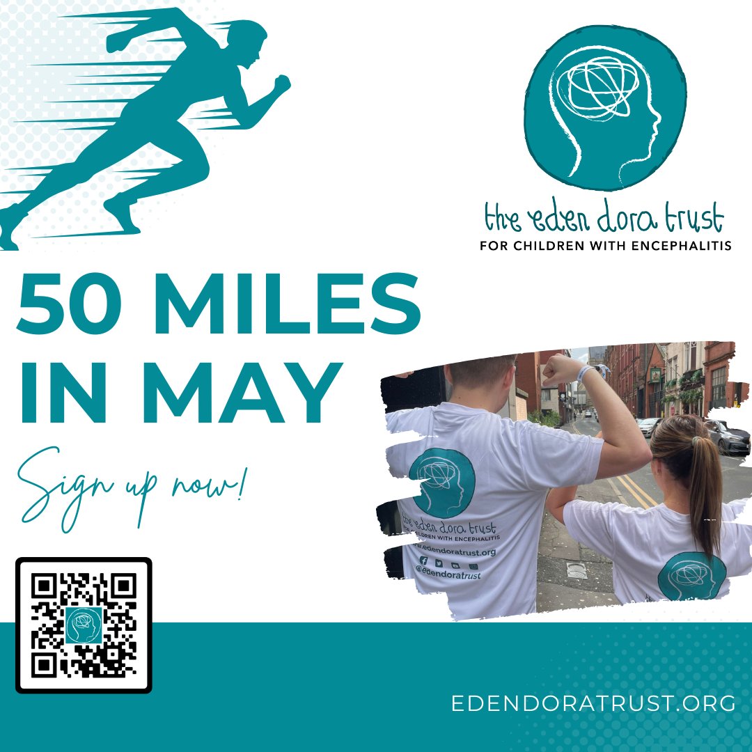 It's almost time for our 50 Miles in May Challenge! 🌟 Sign up to go the extra mile for EDT👇edendoratrust.org/50-miles-in-ma… There's still time to join us on this fun challenge - and you'll get a free T-shirt too! 🏃‍♂️🤸🏊🚴‍♂️ Thank You💙 #50MilesInMay #Encephalitis #ABI #Encephalitis