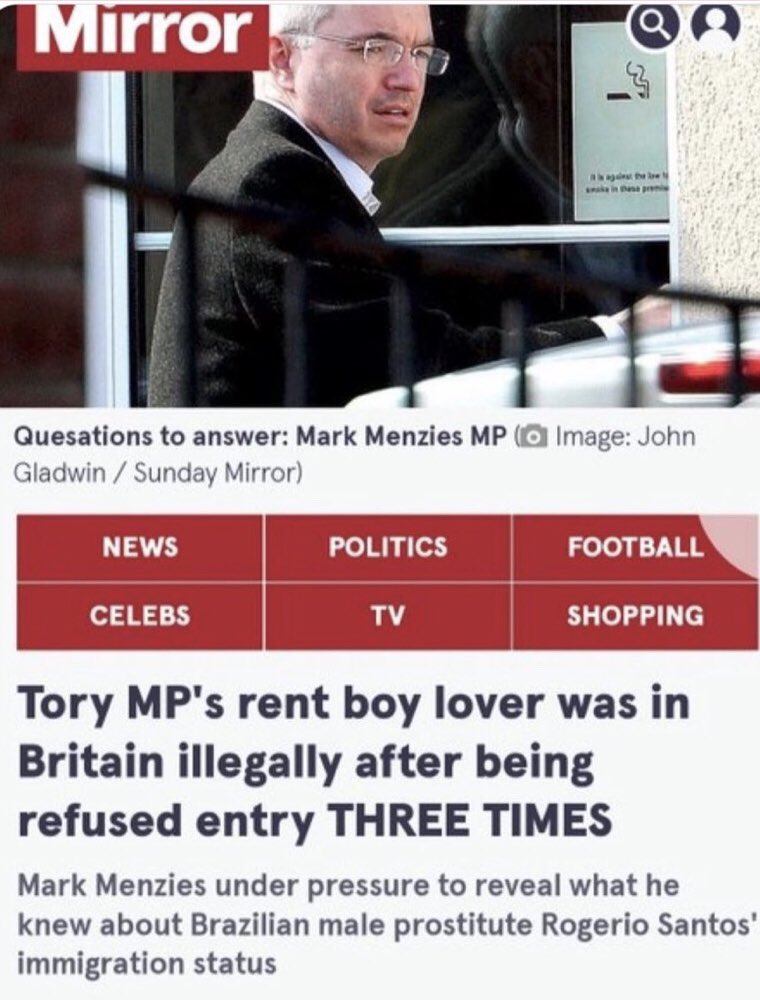 Typical Tory, drug fuelled partying with a Brazilian rent boy in the UK illegally, getting a mate’s dog drunk then fighting in the street with him, and using campaign funds to pay off “bad people” #TorySleaze mirror.co.uk/news/uk-news/t…