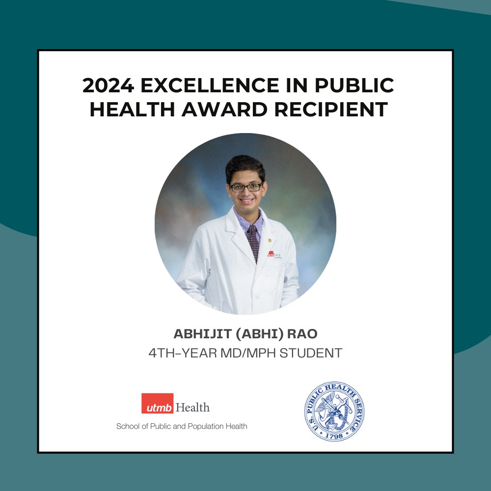 Abhi Rao, a graduating MD/MPH student, was selected as UTMB's recipient of the US Public Health Service's Excellence in Public Health Award for his significant contributions to public health during his time at UTMB. Congrats @abhirao_ and best of luck in residency!