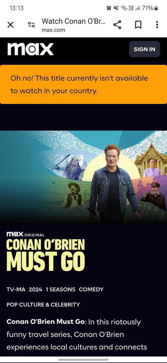 elrobercomics's tweet photo. @ConanOBrien @StreamOnMax I would love to but its not available in Argentina 🤷 tristeza infinita 😢 https://t.co/qeh3U6biEh