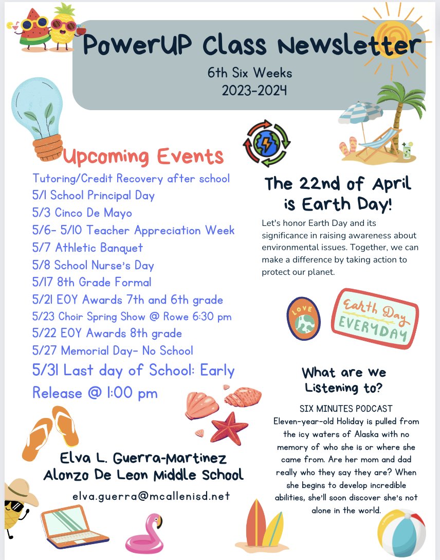 Ms_Guerra7's tweet photo. De Leon PowerUP Class Newsletter.
Summer is 6 weeks away!
@salflores10 https://t.co/WIdVpYMAq2