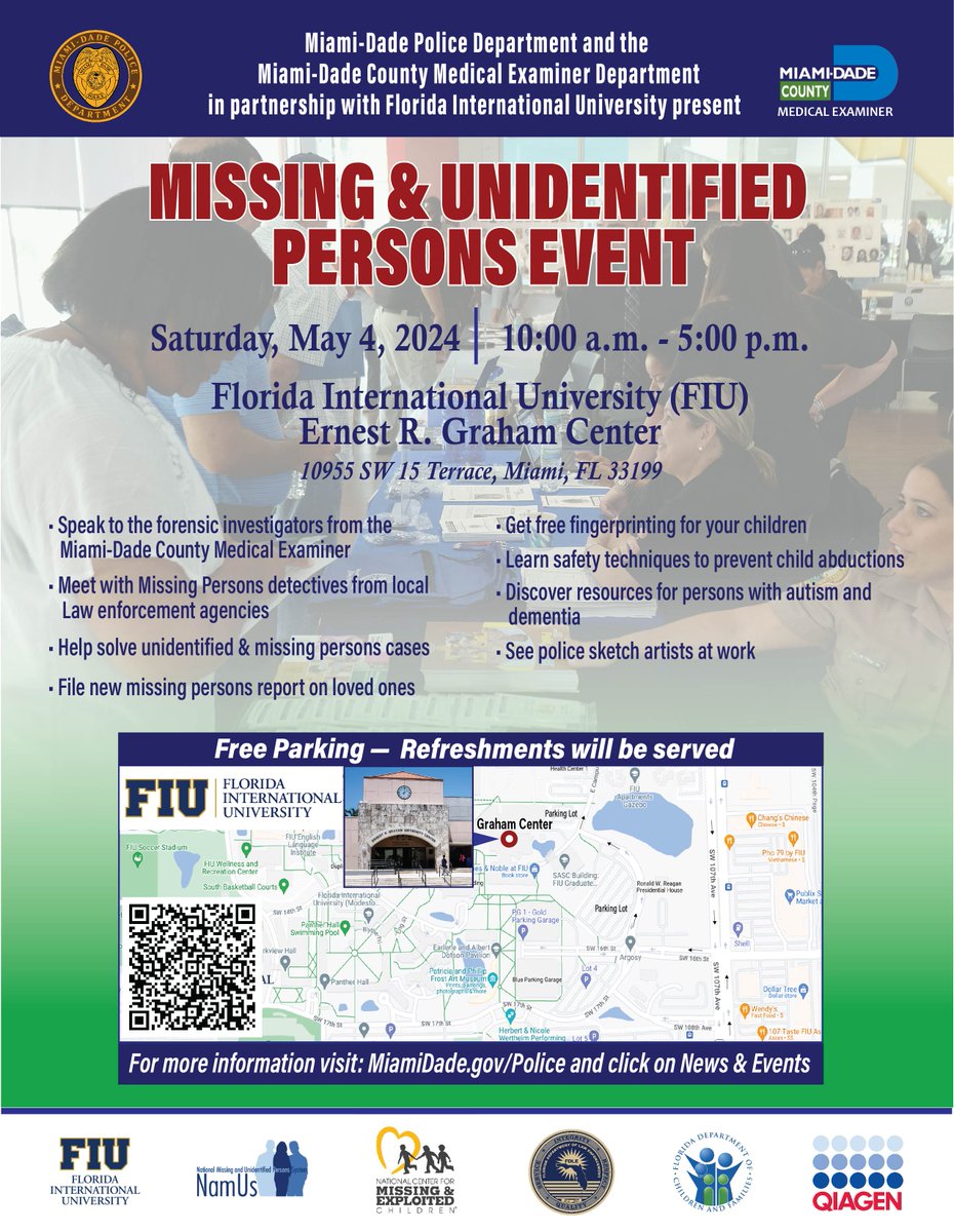 fdlepio's tweet photo. Mark your calendar – Miami-Dade PD, Miami-Dade ME Department and FIU are hosting a Missing and Unidentified Persons Event on Saturday, May 1. #MissingnotForgotten #MissingPersons https://t.co/nlx9ZBIzVU