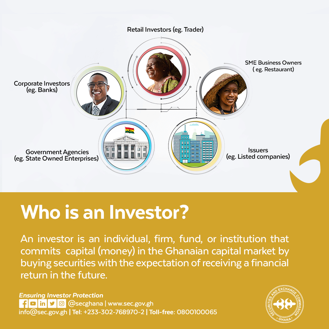 Who is an Investor? An investor is an individual, firm, fund, or institution that commits capital (money) in the Ghanaian capital market by buying securities with the expectation of receiving a financial return in the future. #CapitalMarketTerms #EnsuringInvestorProtection
