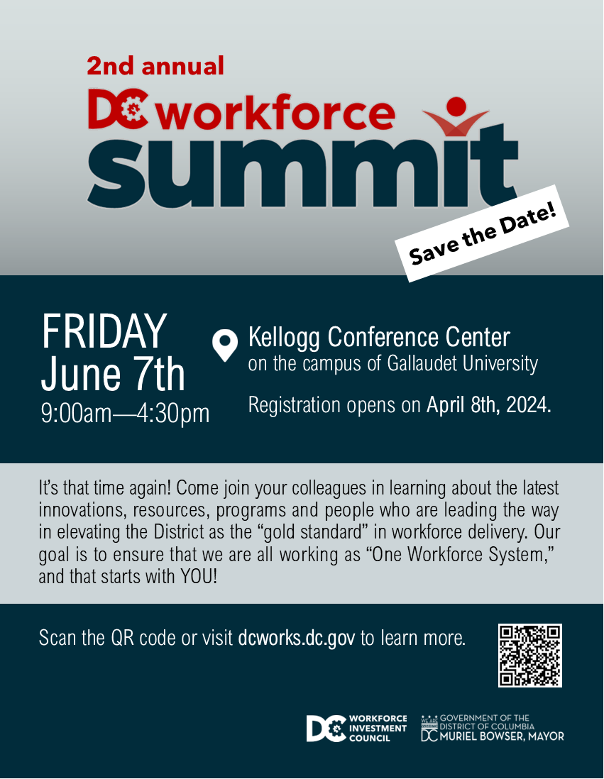 DC Workforce Investment Council (@dc_wic) on Twitter photo Save the date for the 2nd annual DC Workforce Summit!
Click the link to register and learn more:bit.ly/3vRd2Jg
We look forward to seeing you in June!
🗓️: June 7, 2024
⏰: 9AM-4:30PM
📍: <a href="/dckellogg/">DC Kellogg Hotel</a> Save the date for the 2nd annual DC Workforce Summit!
Click the link to register and learn more:bit.ly/3vRd2Jg
We look forward to seeing you in June!
🗓️: June 7, 2024
⏰: 9AM-4:30PM
📍: <a href="/dckellogg/">DC Kellogg Hotel</a>