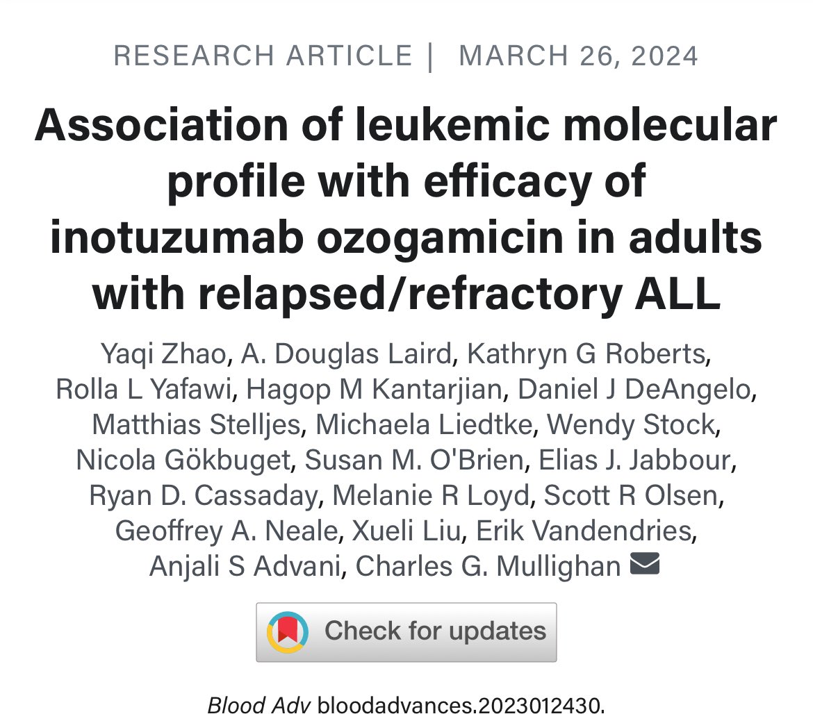 New publication in @BloodAdvances featuring @DrWendyStock as co-author focused on response to inotuzumab based on molecular features! pubmed.ncbi.nlm.nih.gov/38607410/