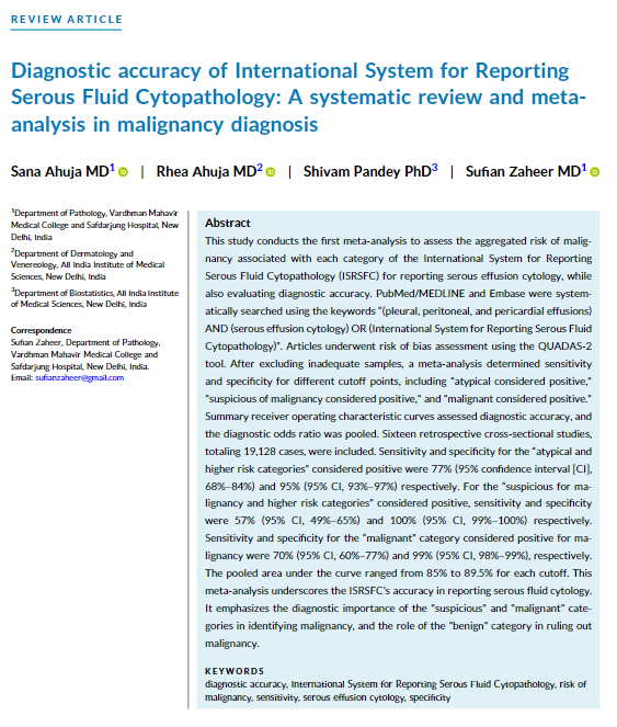 This new meta-analysis underscores the accuracy of the International System for Reporting Serous Fluid Cytopathology in reporting serous fluid cytology. acsjournals.onlinelibrary.wiley.com/doi/10.1002/cn… #CytoPath @DianaEstherossi