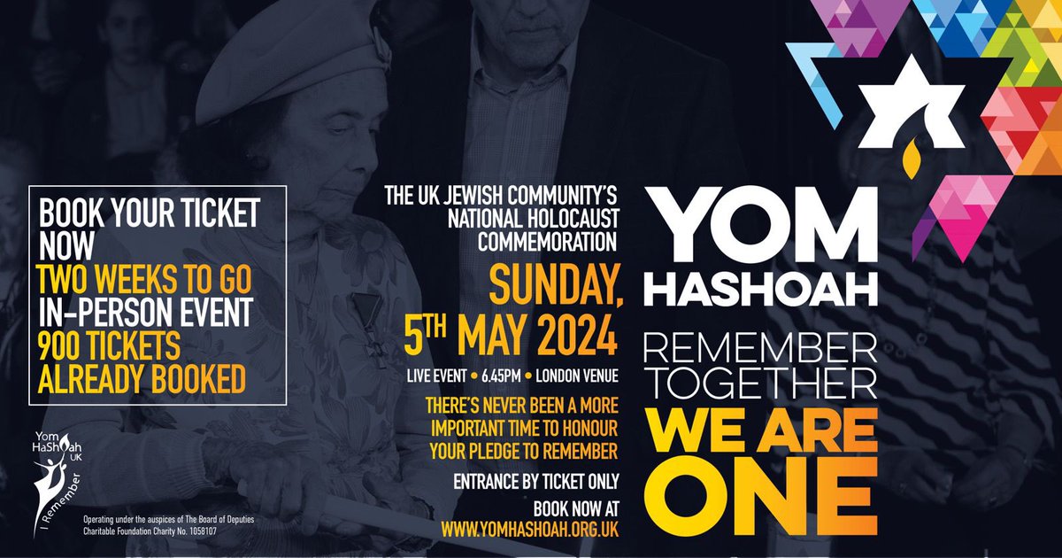 PLEASE RETWEET: Join us on Sun 5th May for #YomHaShoah. Over 900 free tickets already booked for the UK Jewish Community's National Holocaust Commemoration. Book now for a moment of unity & remembrance in a prestigious #CentralLondon location. Details at yomhashoah.org.uk