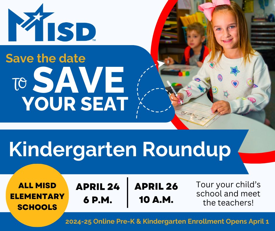 🗓️ Save the Date to Save Your Seat! 🏫 Enroll your Pre-K and Kindergarten students TODAY, and mark your calendar to attend Kindergarten Round-Up. Two dates are available: April 24 and 26. Enroll now: midlothianisd.org/enrollment/pla…