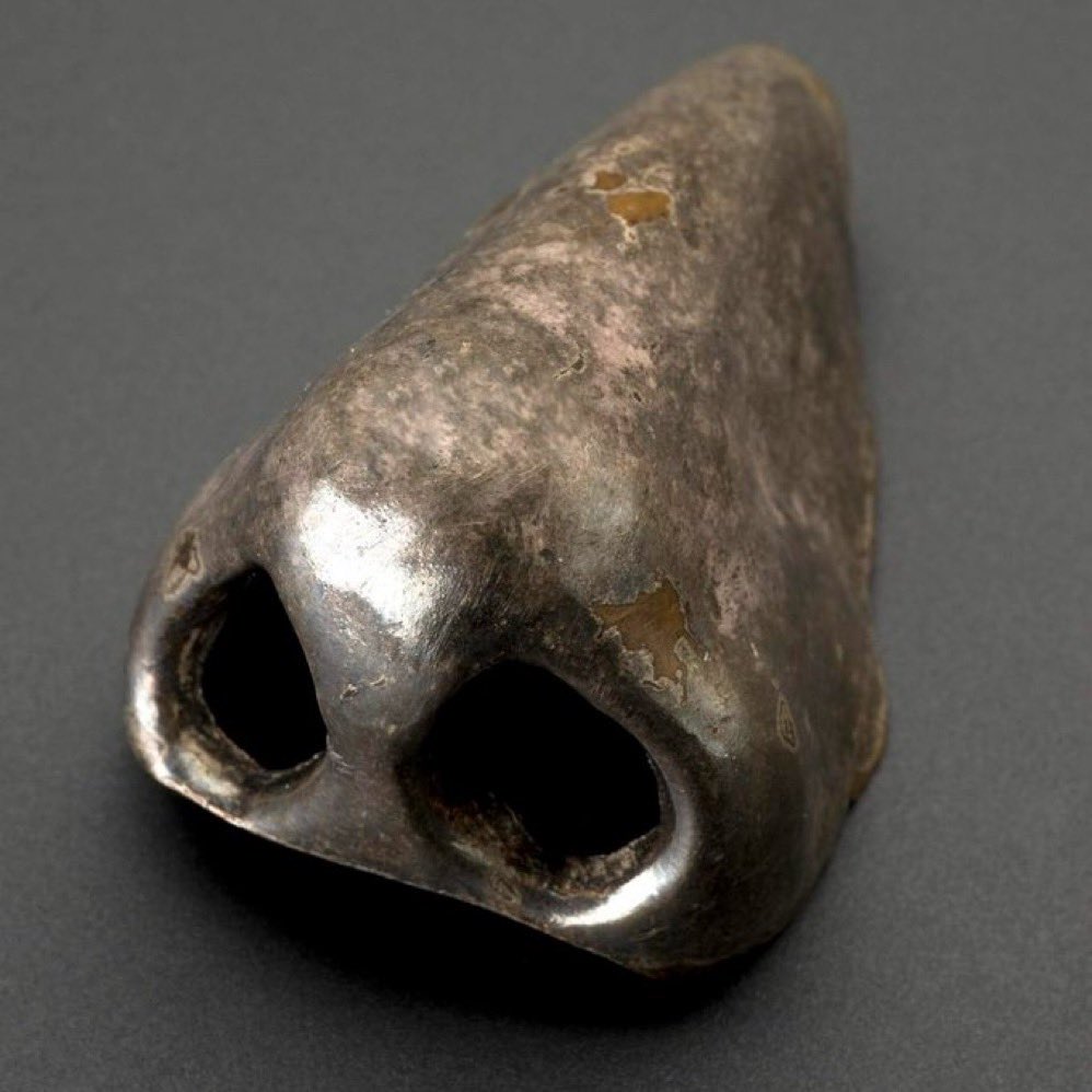 A plated metal artificial nose, dating to the 17th century. Artificial noses like this would be worn by wealthy people who lost their original nose, most likely the result of late stage syphilis which causes the nose to collapse. @ExploreWellcome