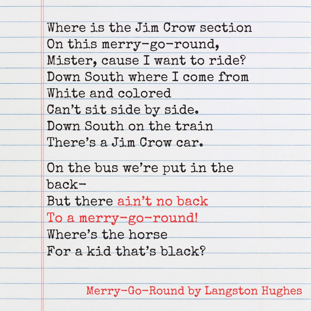 AintNoBackFilm's tweet photo. Our film gets its title from this incredible poem by Langston Hughes. Hughes published Merry-Go-Round in 1942, but it was still true in 1960 when Howard students tried to ride the carousel at Glen Echo Amusement Park. https://t.co/hEsJbseuIr