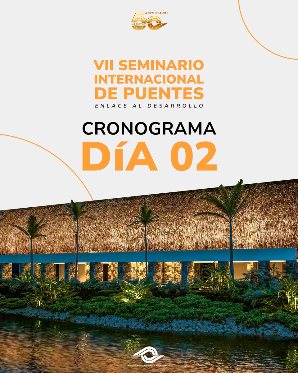 AMIVTACmx's tweet photo. ¡Segundo día del seminario en marcha! 🚀 Aquí te presentamos el emocionante cronograma para el día de hoy. 

🔴 únete al video en vivo y disfruta de todas las conferencias sin costo, el enlace es: https://t.co/cs4I4x9clY
.
#IngenieríaVial #Puentes #AMIVTAC #VIISIP https://t.co/IJxvn00IvX