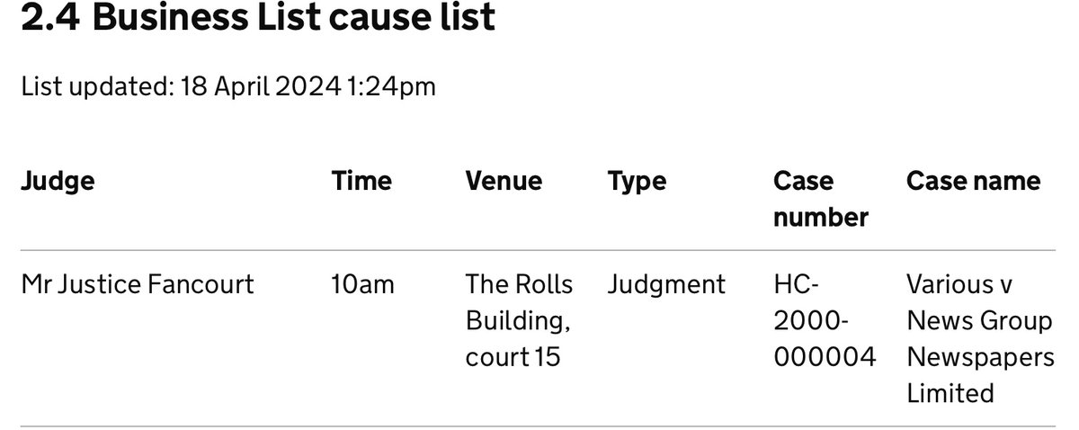 A judgment is due in Harry/Various case vs NGN tomorrow. Likely on the application made to include claims that his mum, dad & Camilla‘s phones were intercepted that meant his private info was revealed. Counsel will know already. Maybe thats why we‘ve heard ‘settle‘ noises..😉