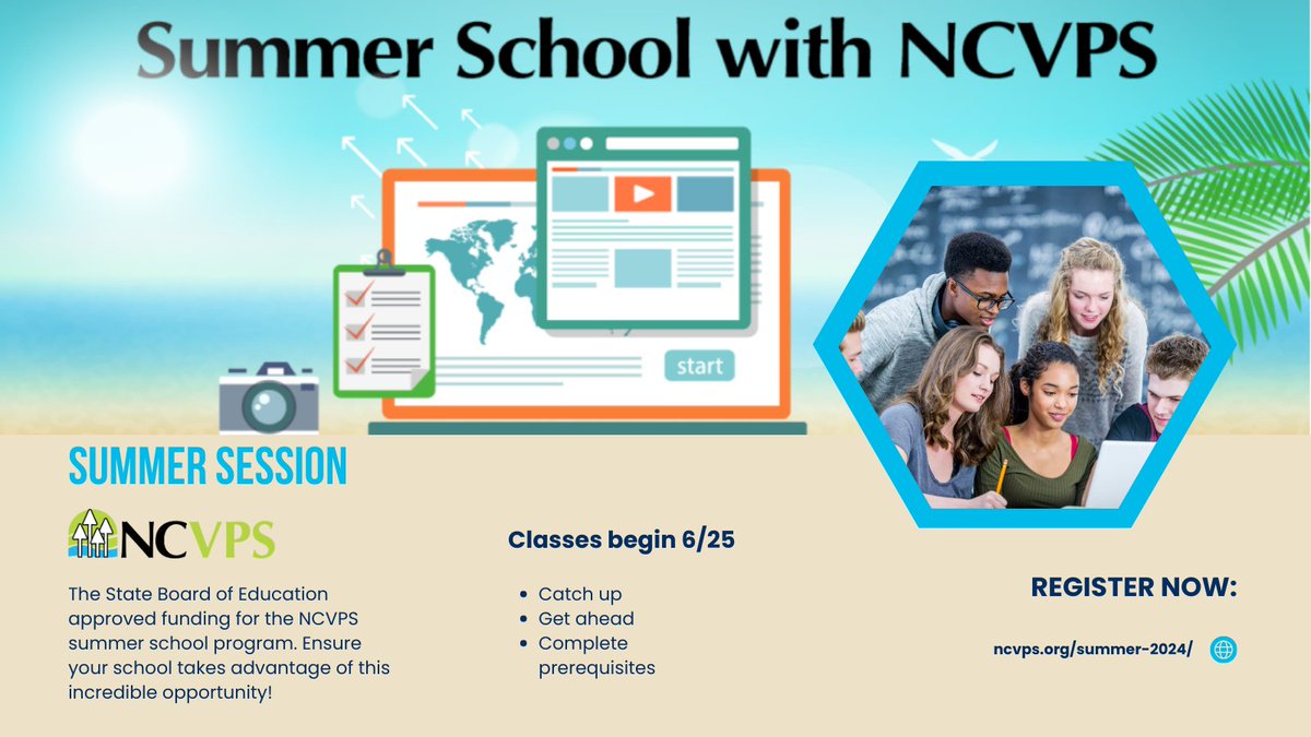 📣 Registration for our Summer Session is open! Make sure your school maximizes its funding! 📚 ncvps.org/summer-2024/ #WeAreNCVPS #SummerSession #SummerSchool #OnlineLearning #VirtualLearning #NorthCarolina #MiddleSchool #HighSchool #NCVPS