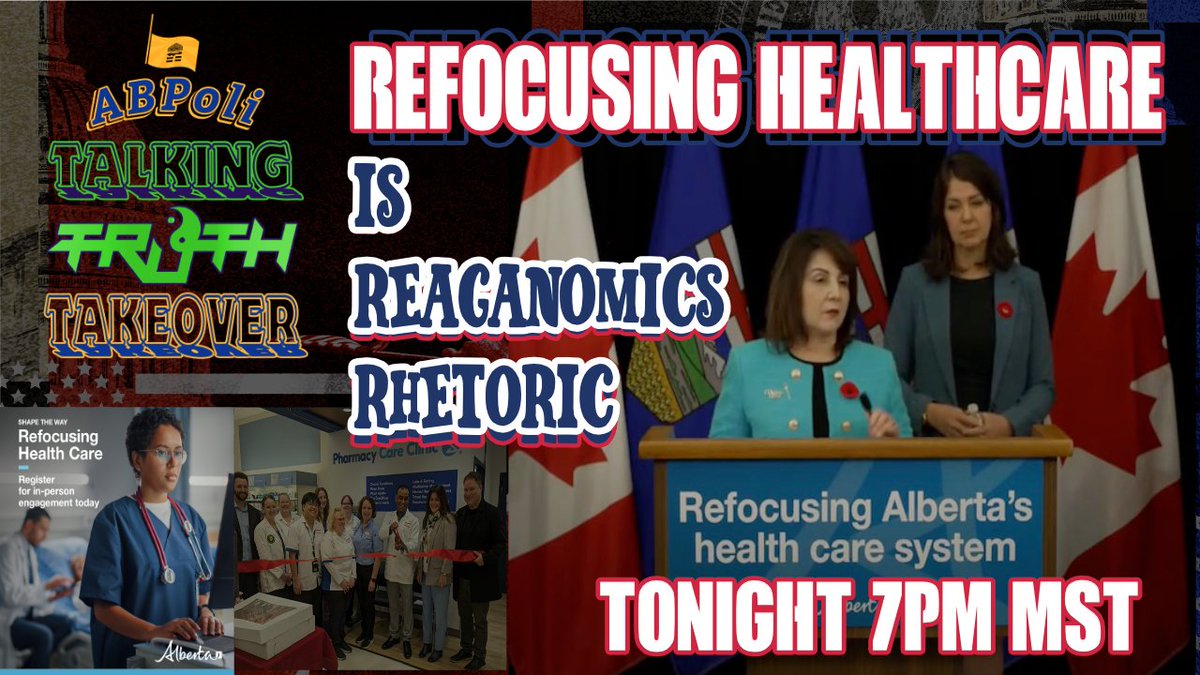 The next #abpoli @ADCTalkingTruth #TalkingTruth Takeover #Livestream is tonight at 7pm.

Refocusing #abhealth is #reaganomics rhetoric

We'll be #livestreaming here, and you can also like & subscribe to our #YouTube channel & join the conversation #Live . 
youtube.com/live/YAygd66dp…